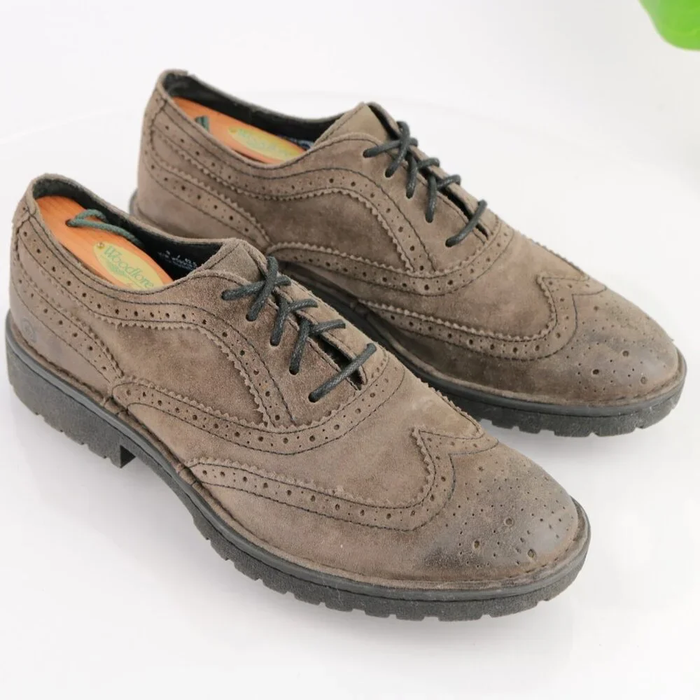 Born Mens Oxford Size 9 Brown Suede Wingtip‎ Brogue Lug Sole Dress Shoe